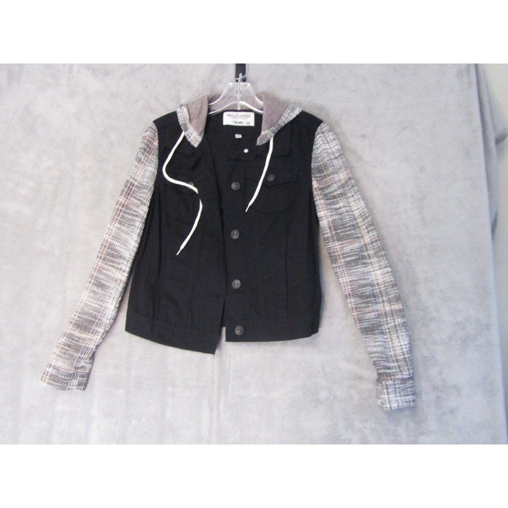 WallFlower Women Black Denim Mixed‎ Media Hooded Jacket Knit Sleeves Small DP